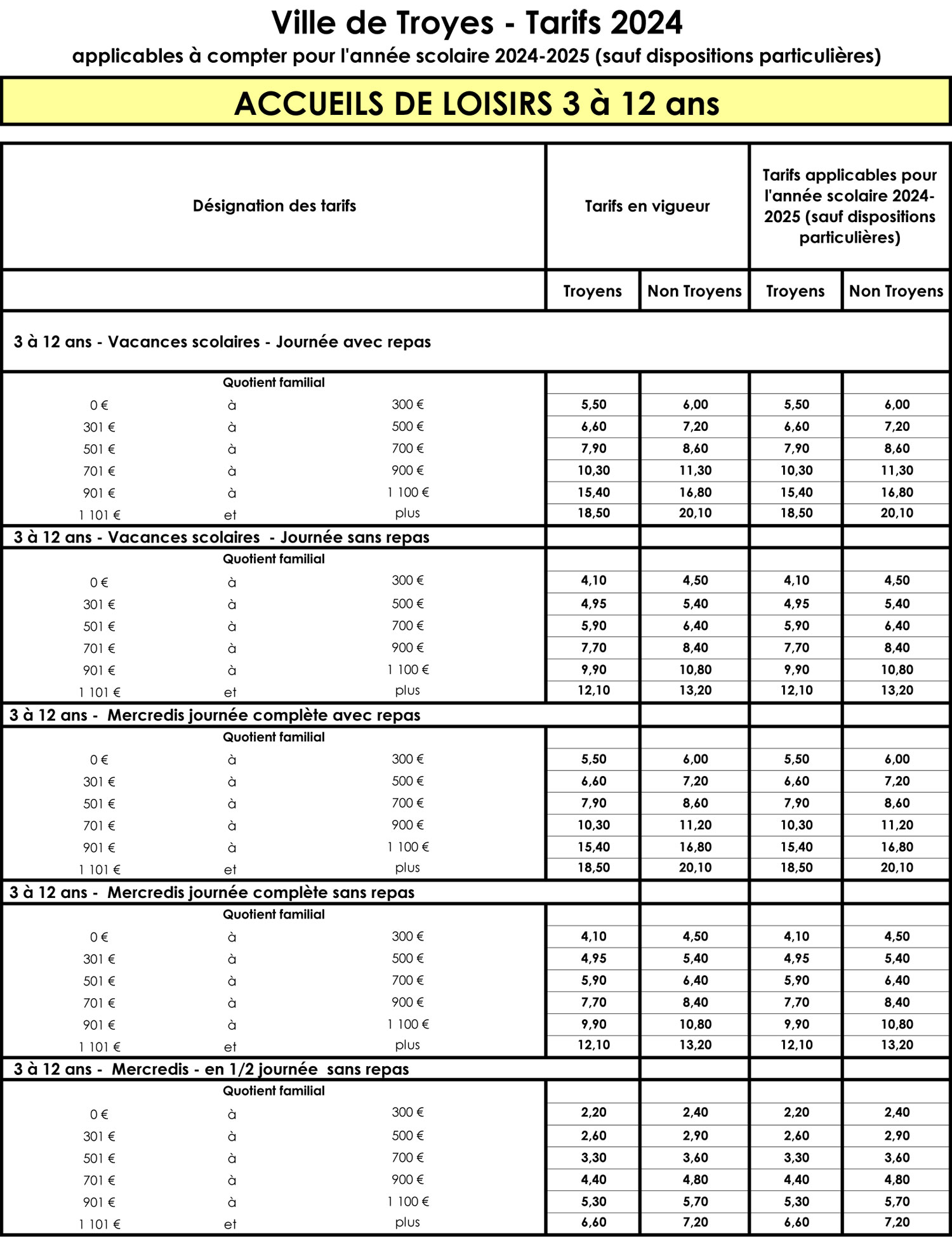 Tarifs Accueil de loisirs